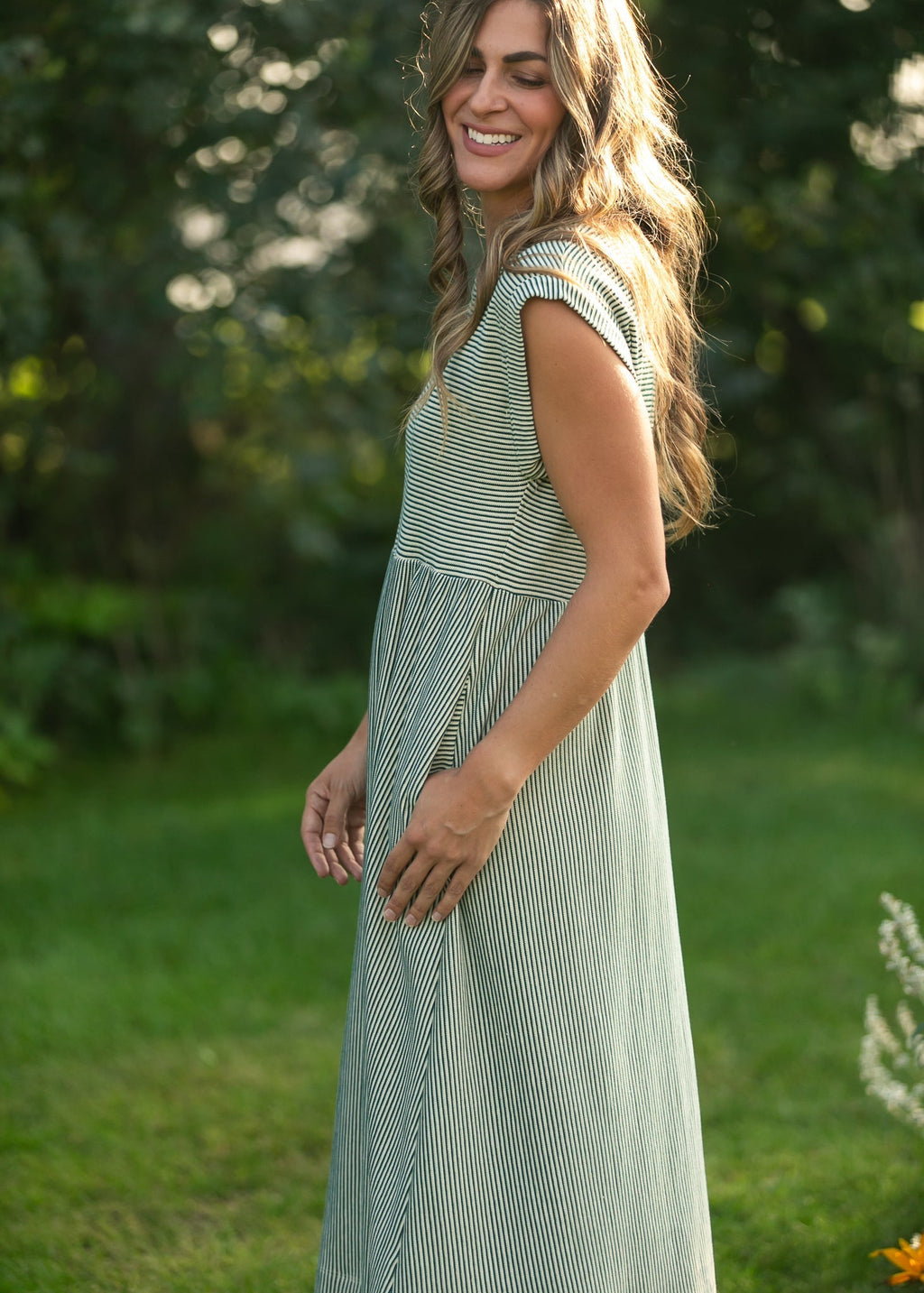 Olivia Green A - line Striped Midi Dress - Two & Gathered