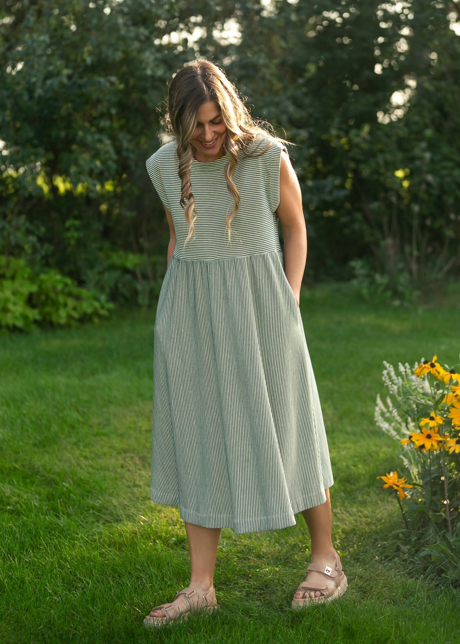 Olivia Green A - line Striped Midi Dress - Two & Gathered