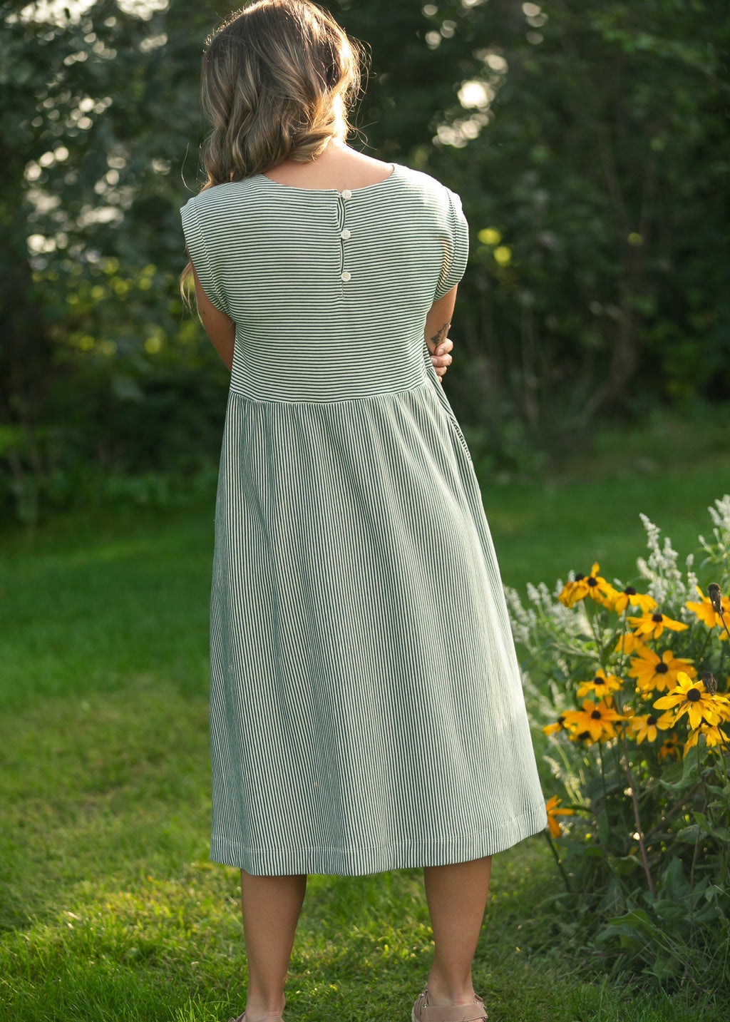 Olivia Green A - line Striped Midi Dress - Two & Gathered