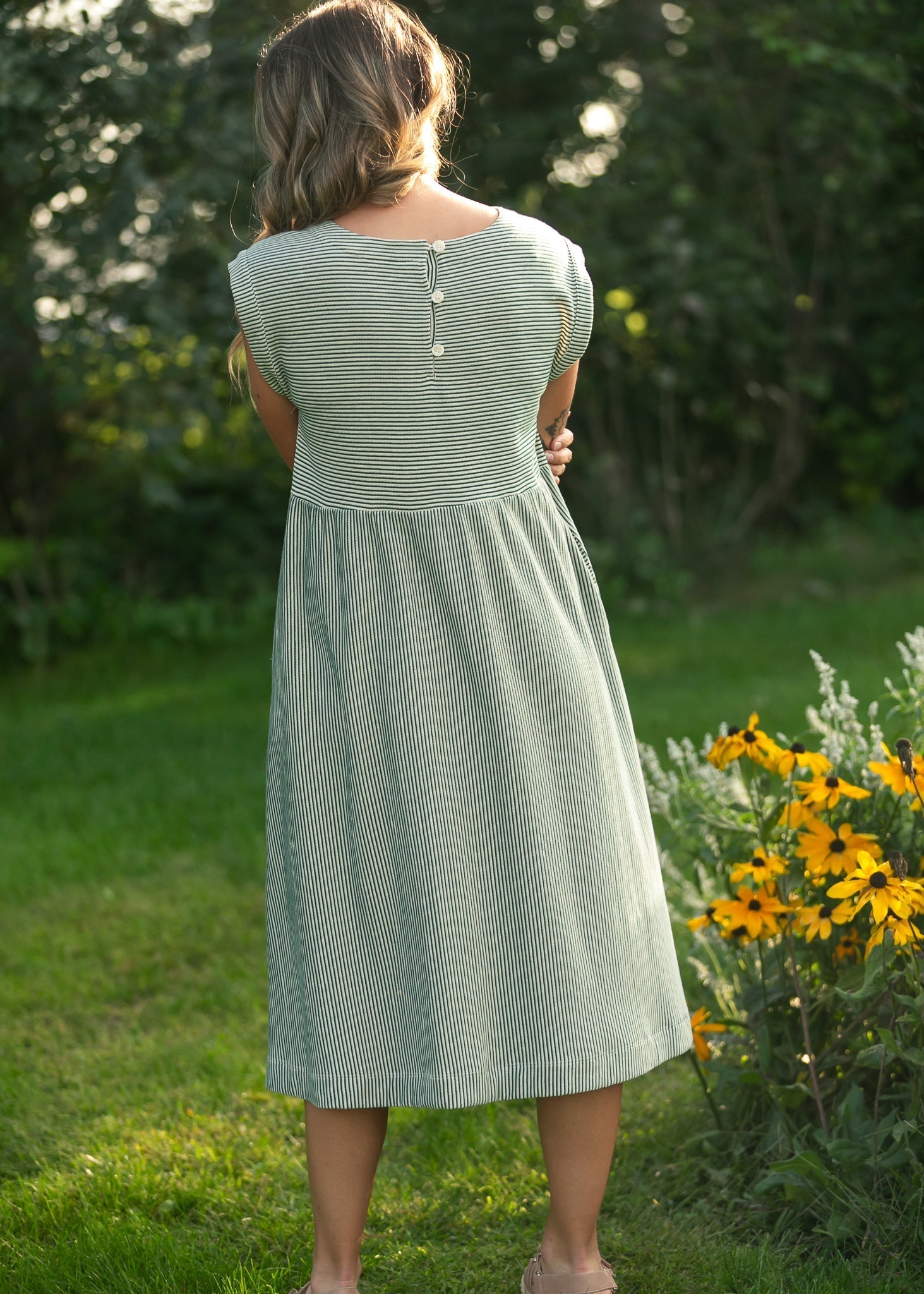 Olivia Green A - line Striped Midi Dress - Two & Gathered