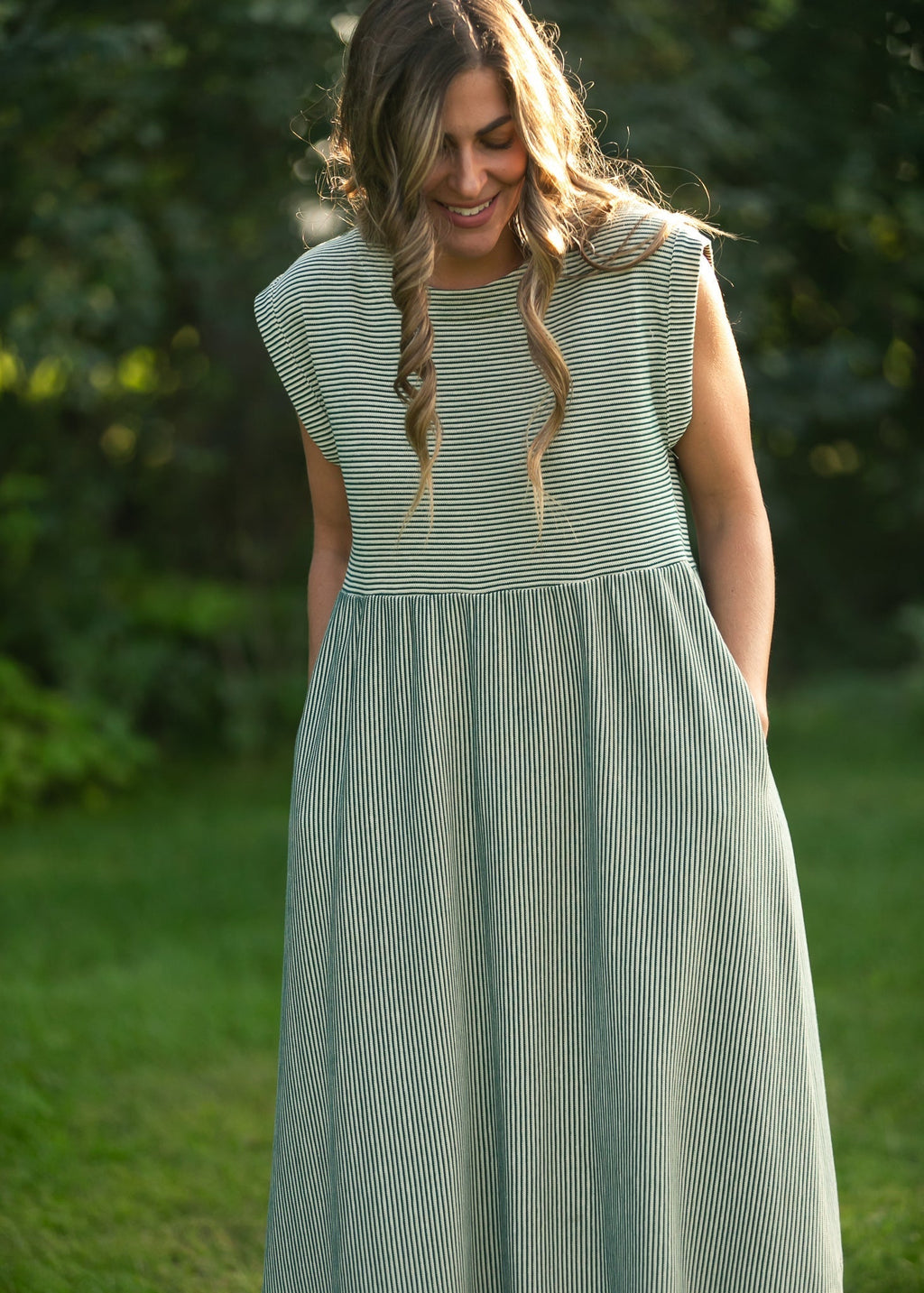 Olivia Green A - line Striped Midi Dress - Two & Gathered