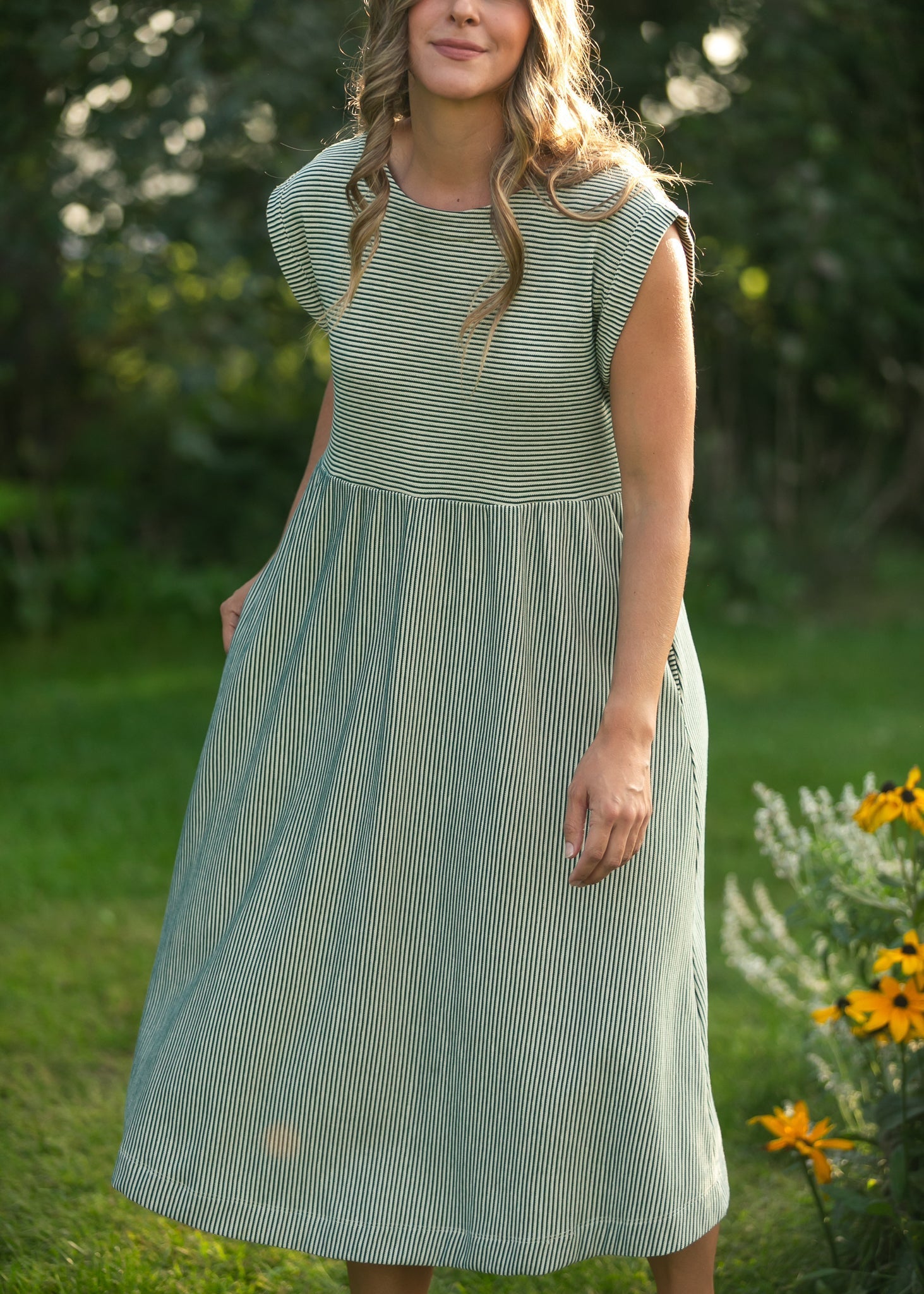 Olivia Green A - line Striped Midi Dress - Two & Gathered