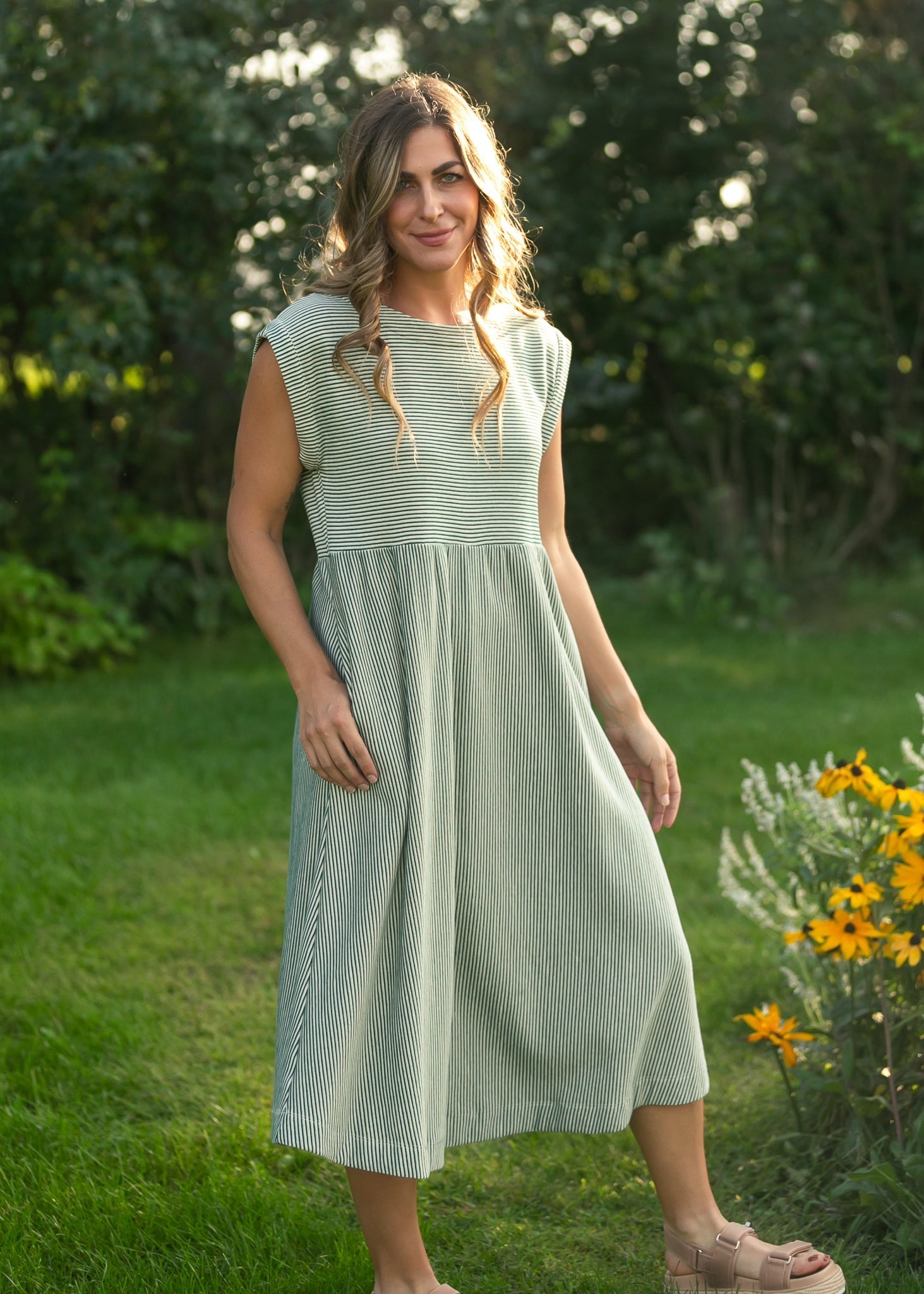 Olivia Green A - line Striped Midi Dress - Two & Gathered