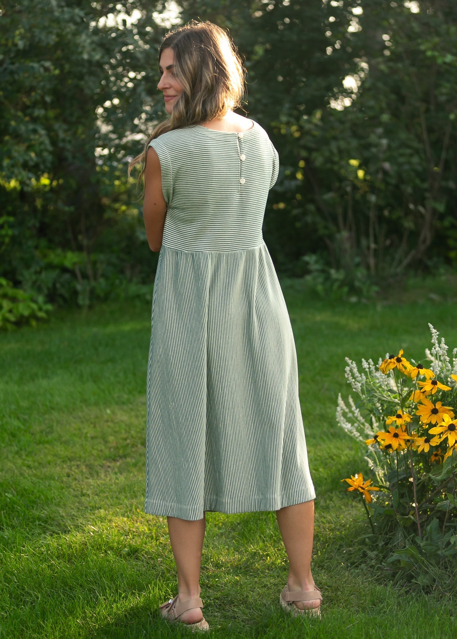 Olivia Green A - line Striped Midi Dress - Two & Gathered