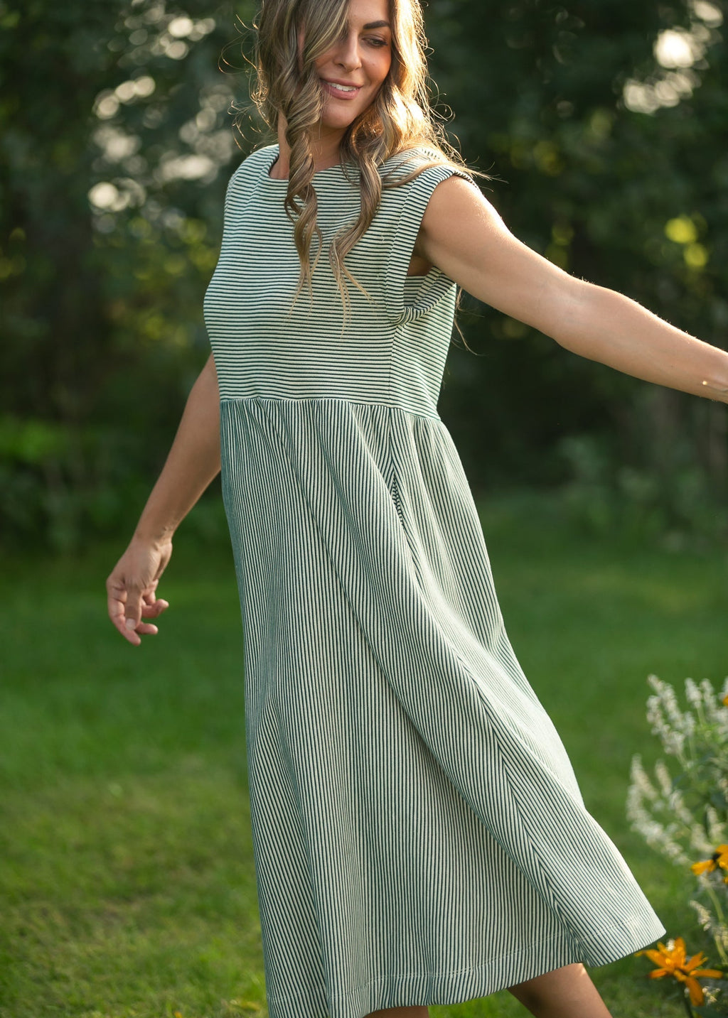 Olivia Green A - line Striped Midi Dress - Two & Gathered