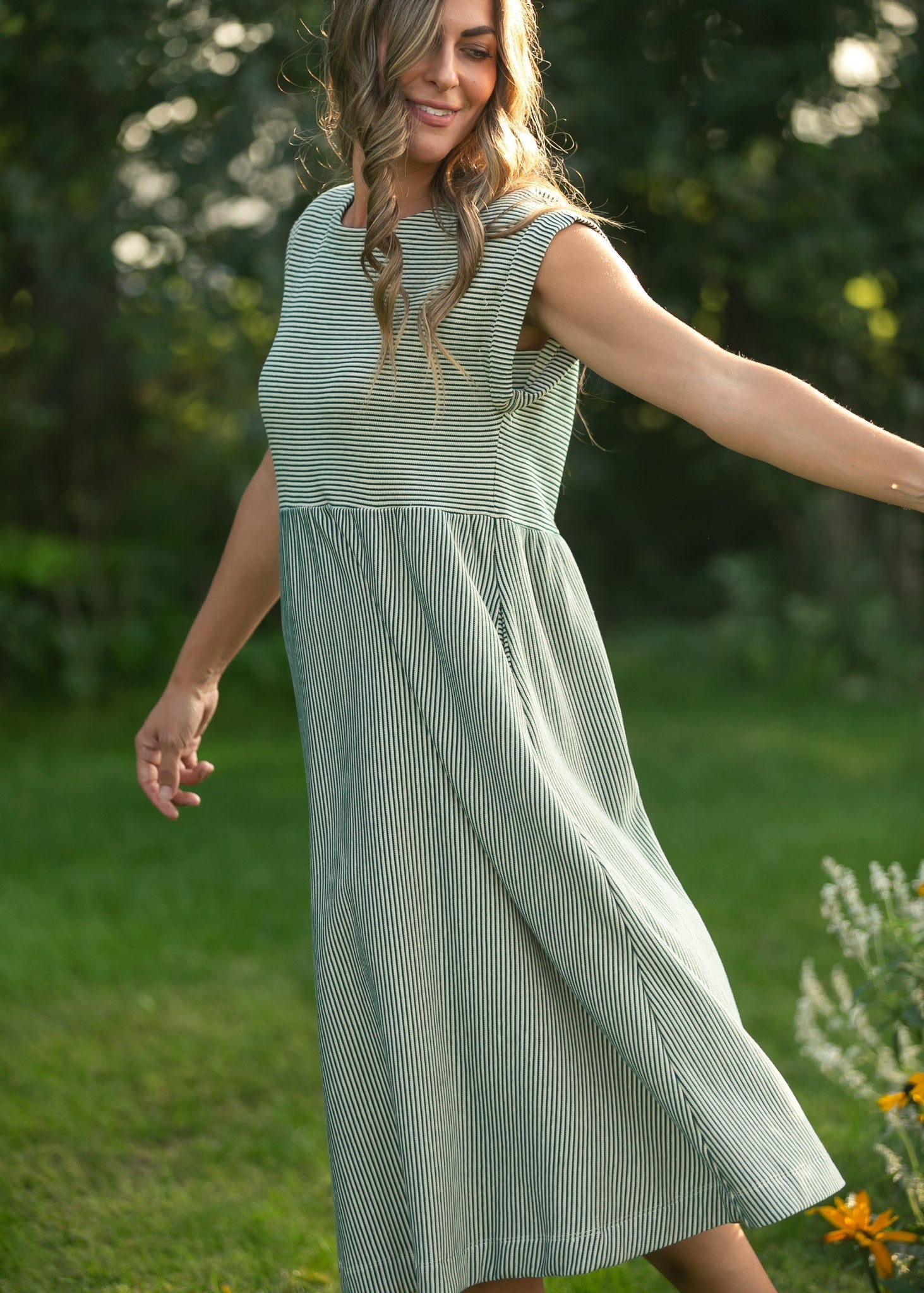 Olivia Green A - line Striped Midi Dress - Two & Gathered