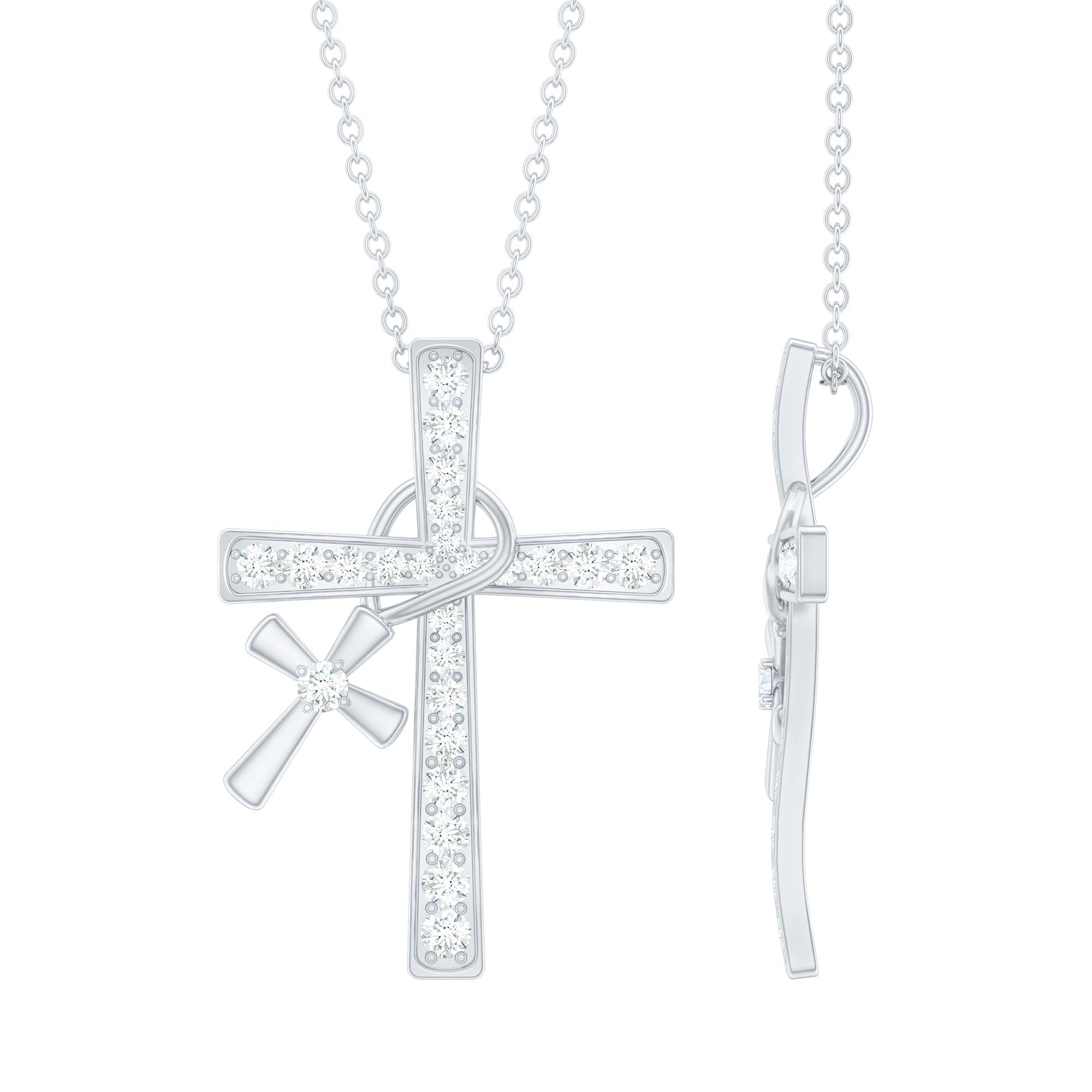 Pave Set Lab Grown Diamond Double Cross Charm Necklace - Two & Gathered
