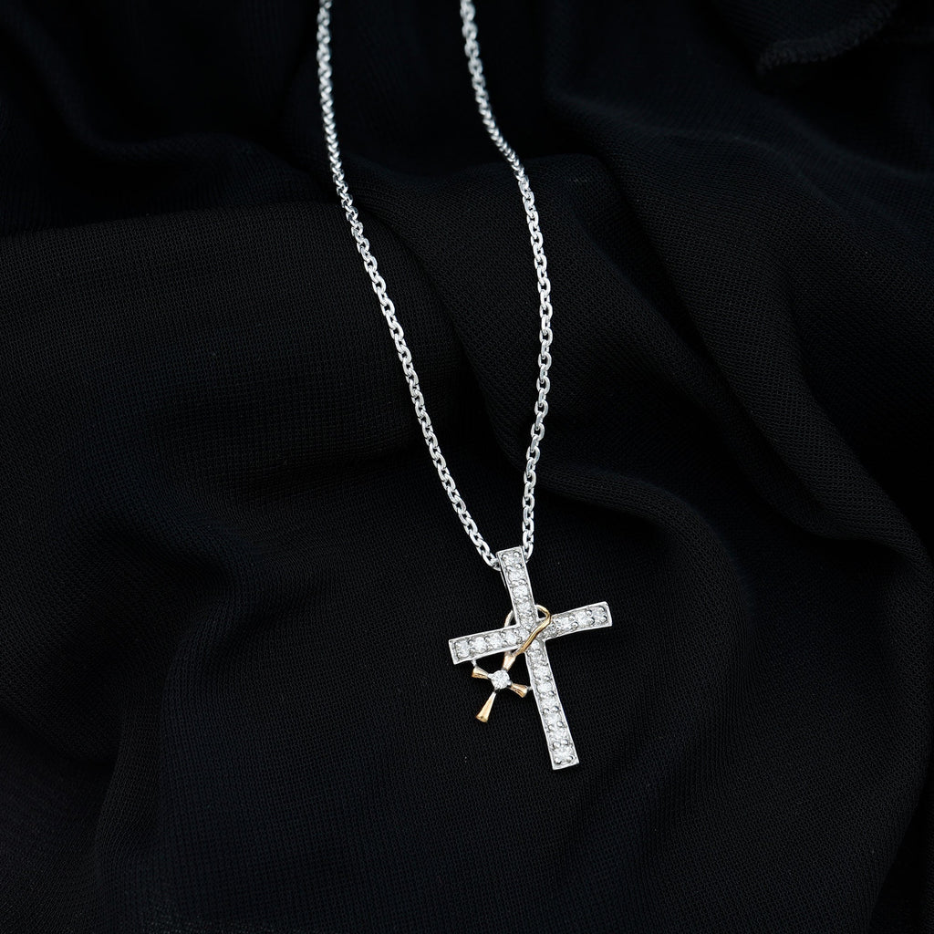 Pave Set Lab Grown Diamond Double Cross Charm Necklace - Two & Gathered