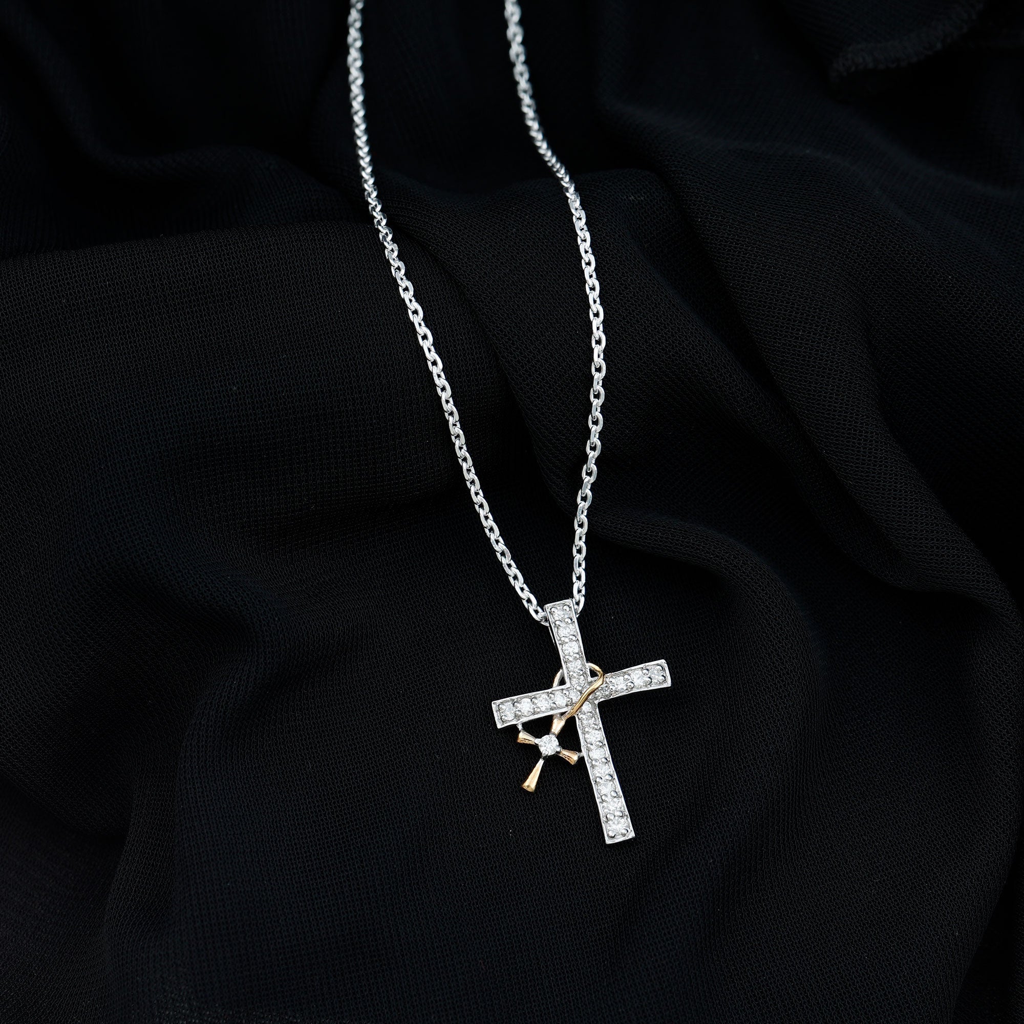 Pave Set Lab Grown Diamond Double Cross Charm Necklace - Two & Gathered