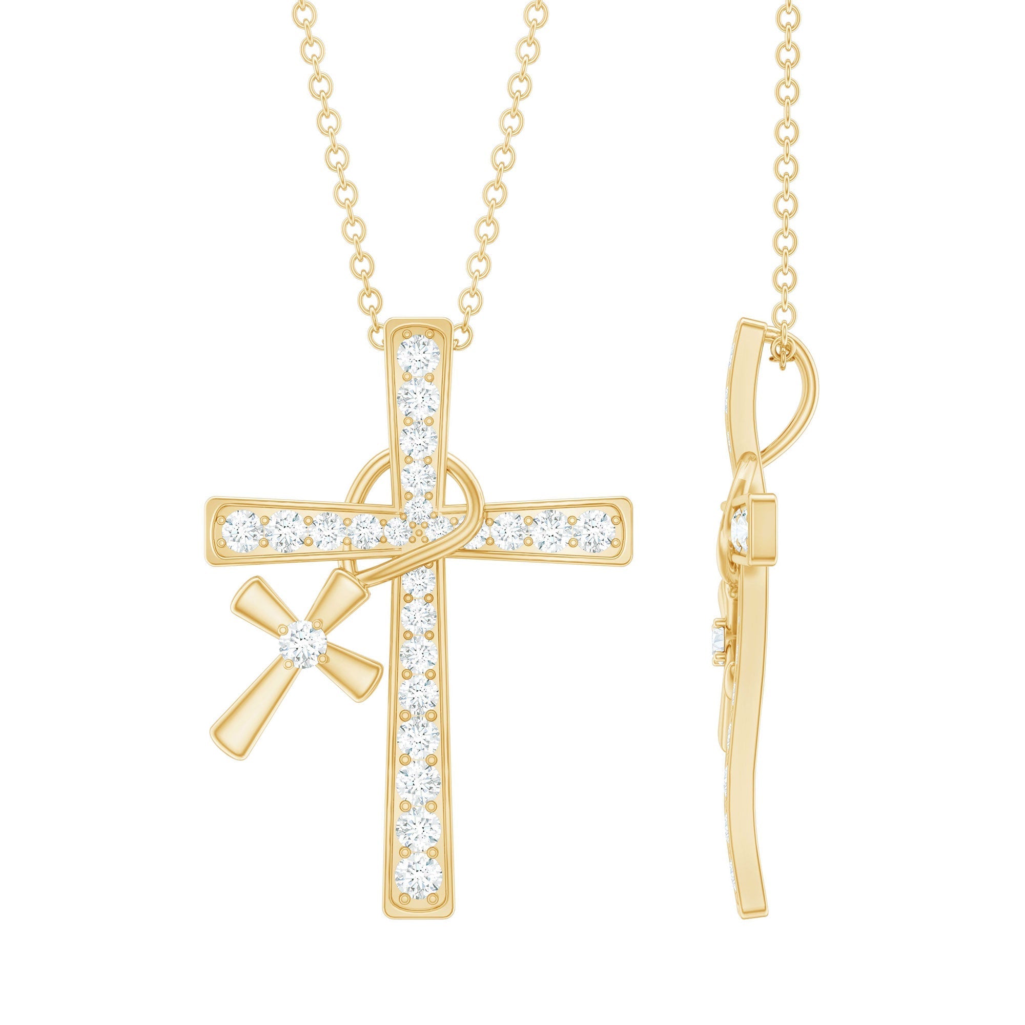Pave Set Lab Grown Diamond Double Cross Charm Necklace - Two & Gathered