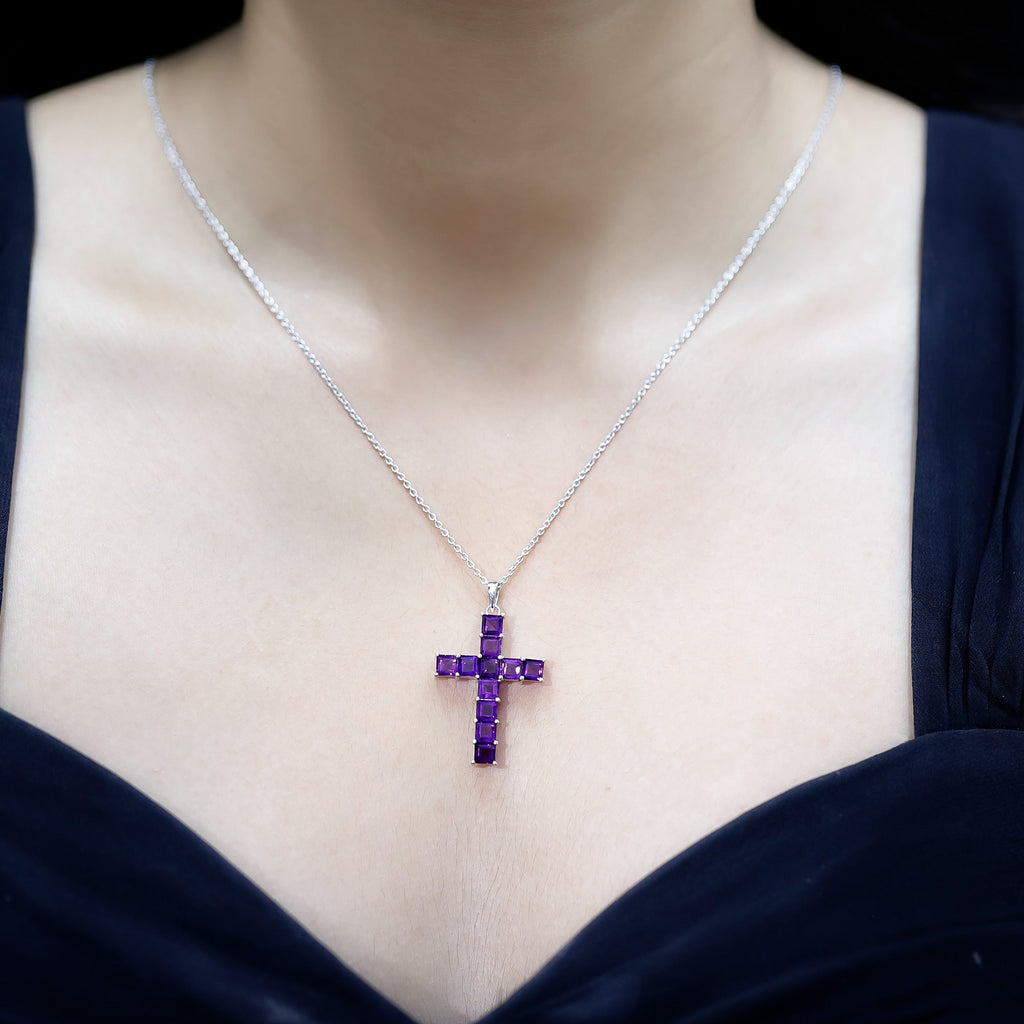 Princess Cut Amethyst Cross Pendant Necklace with Silver Chain - Two & Gathered