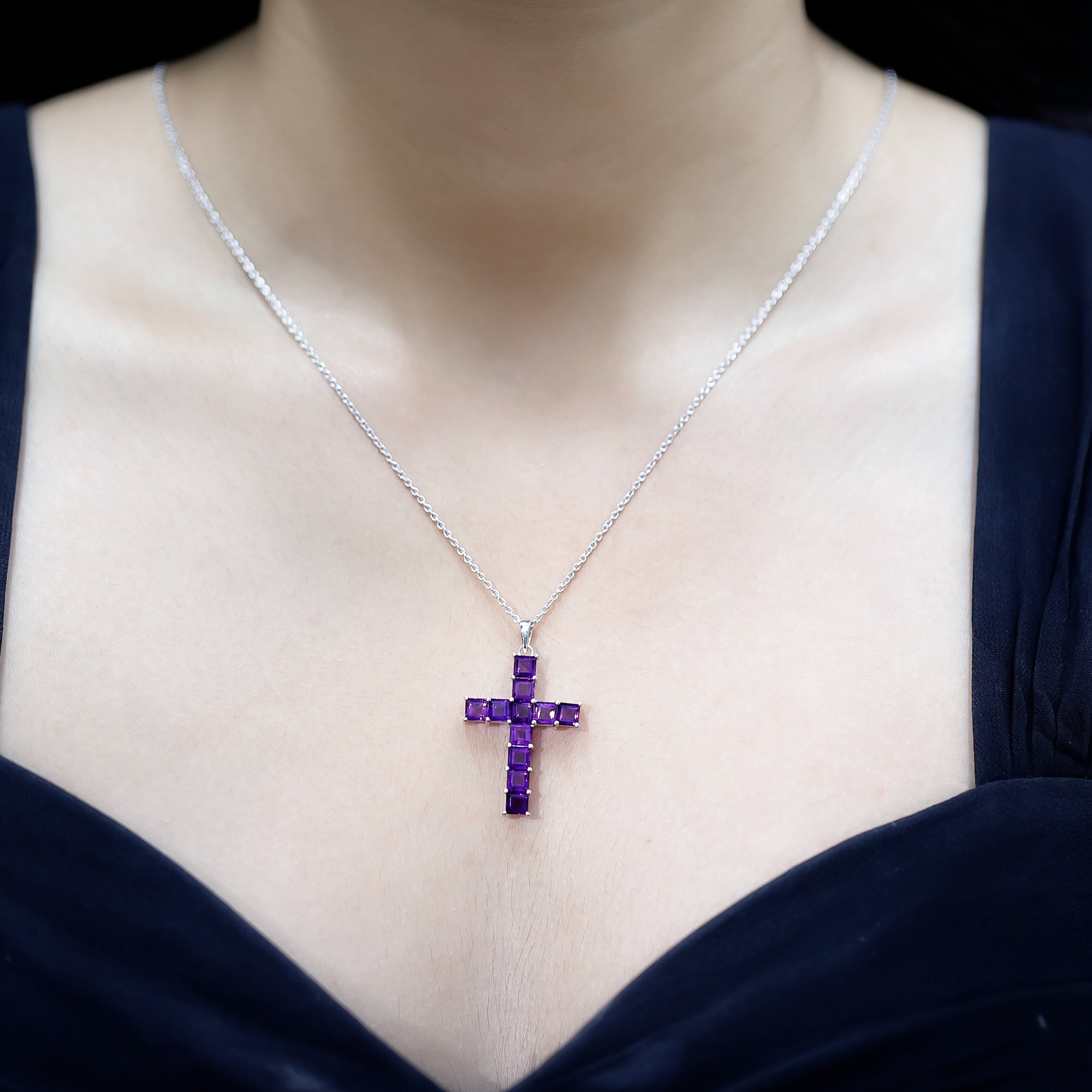 Princess Cut Amethyst Cross Pendant Necklace with Silver Chain - Two & Gathered