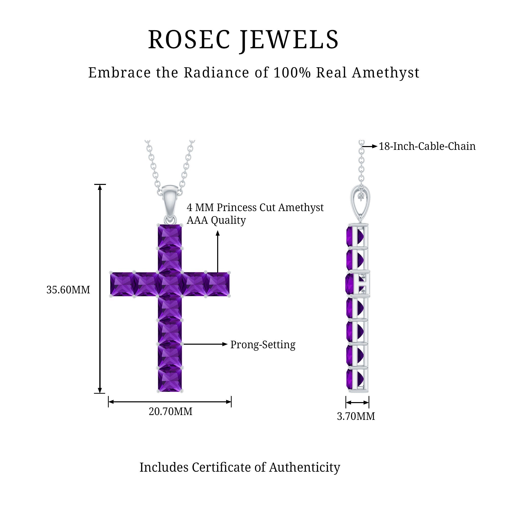 Princess Cut Amethyst Cross Pendant Necklace with Silver Chain - Two & Gathered