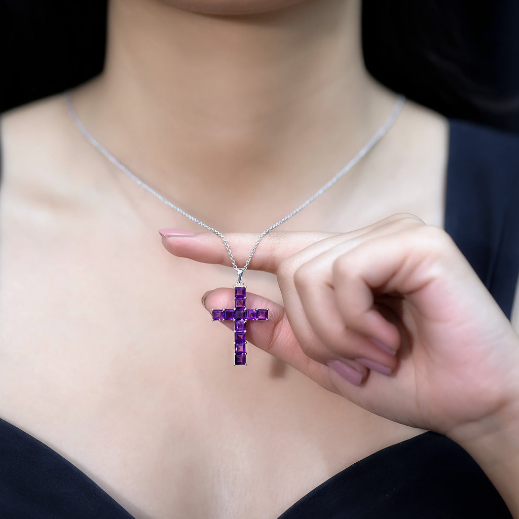 Princess Cut Amethyst Cross Pendant Necklace with Silver Chain - Two & Gathered