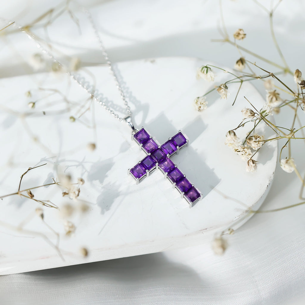 Princess Cut Amethyst Cross Pendant Necklace with Silver Chain - Two & Gathered