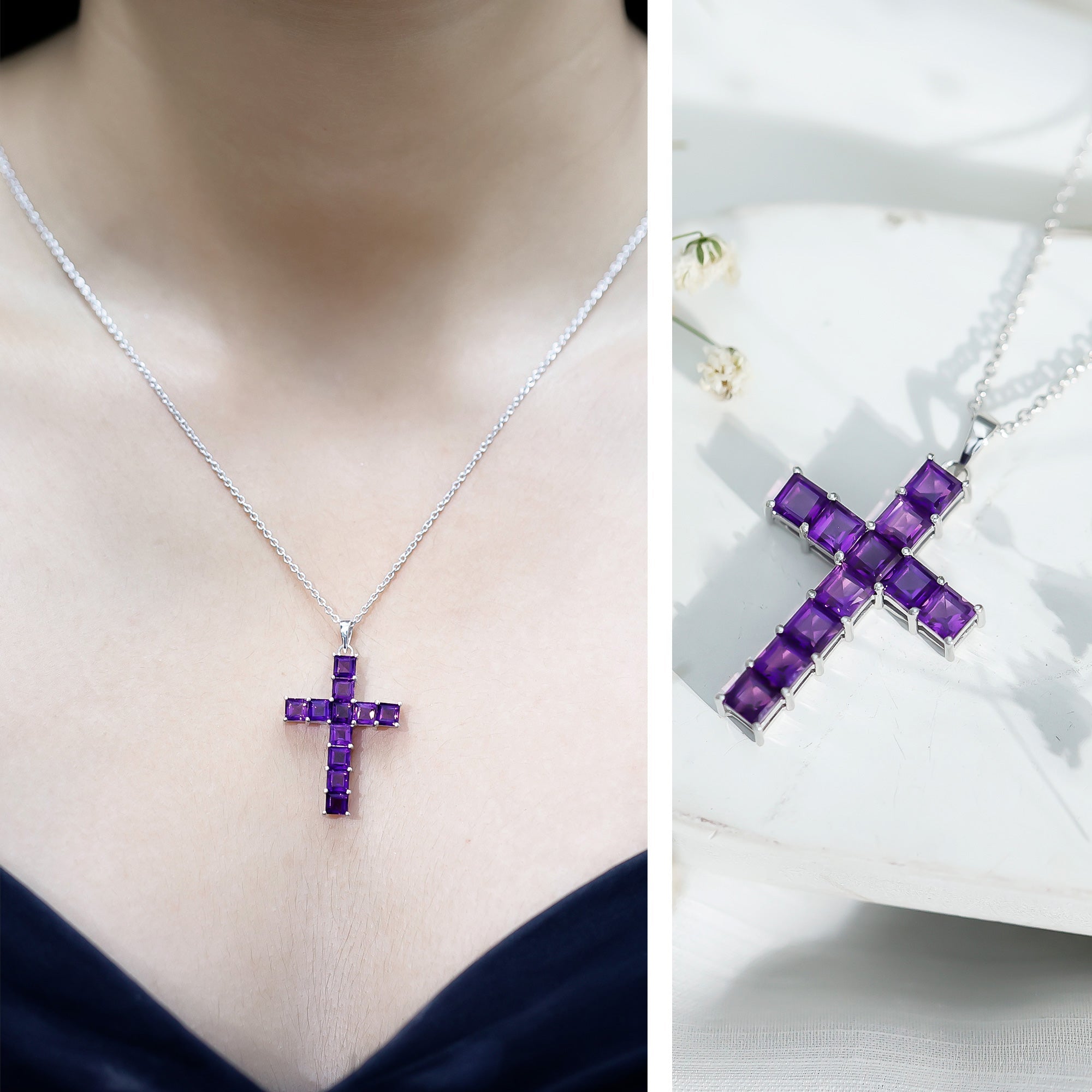 Princess Cut Amethyst Cross Pendant Necklace with Silver Chain - Two & Gathered