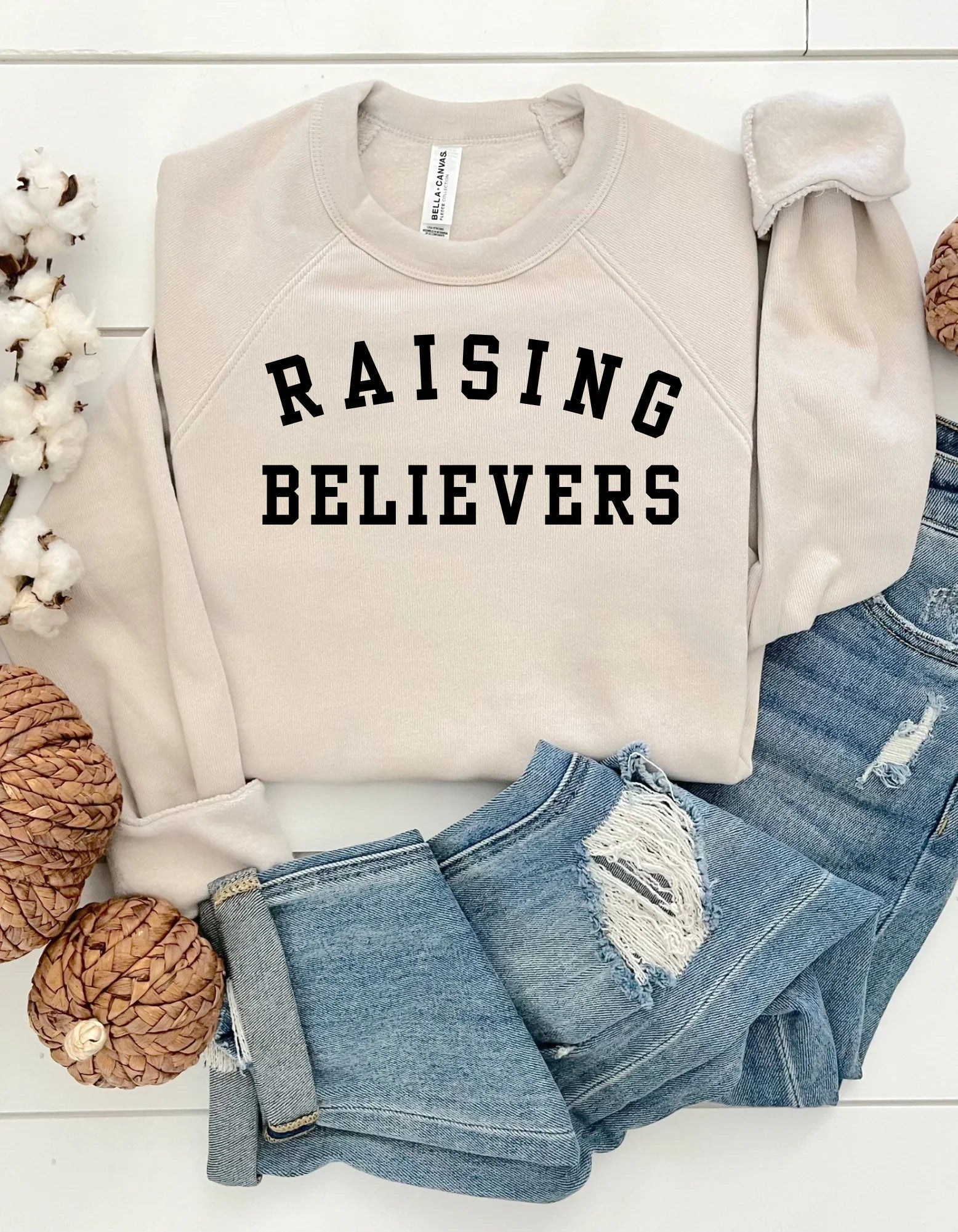 Raising Believers Sweatshirt | Embroidered Bella Canvas Fleece | Christian Mom Gift | Faith Based Apparel | Cozy Sweatshirt | Soft Christian Crewneck - Two & Gathered