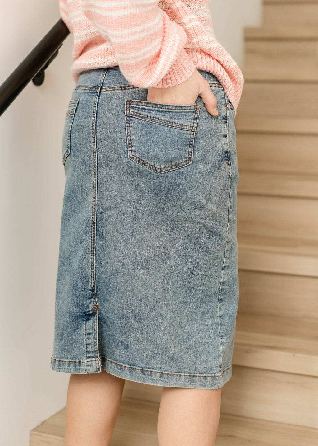 Sandra Classic Wash Midi Denim Skirt - Two & Gathered