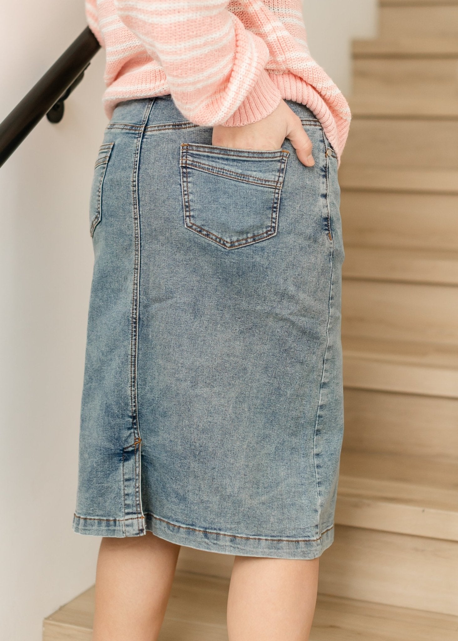 Sandra Classic Wash Midi Denim Skirt - Two & Gathered