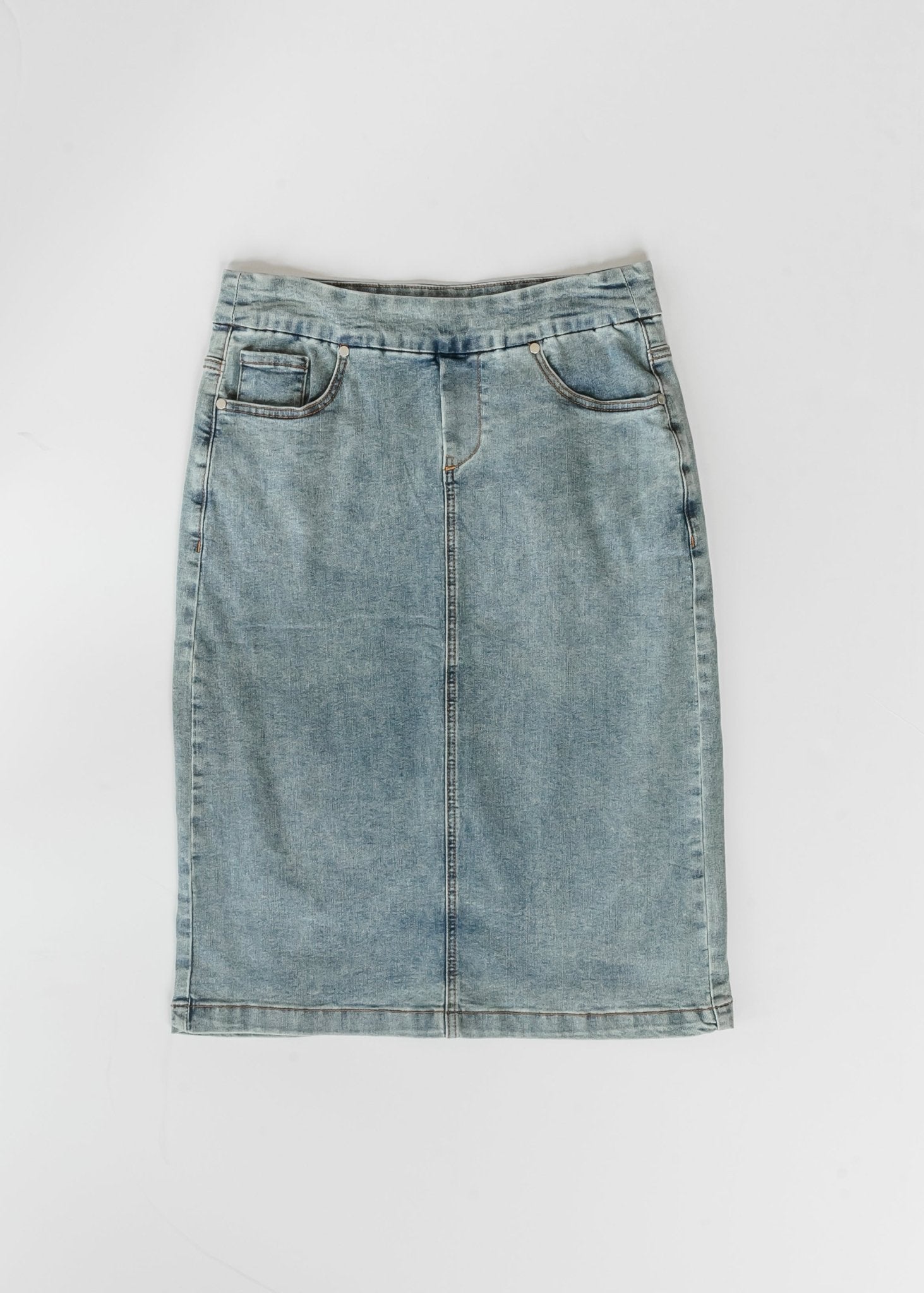 Sandra Classic Wash Midi Denim Skirt - Two & Gathered