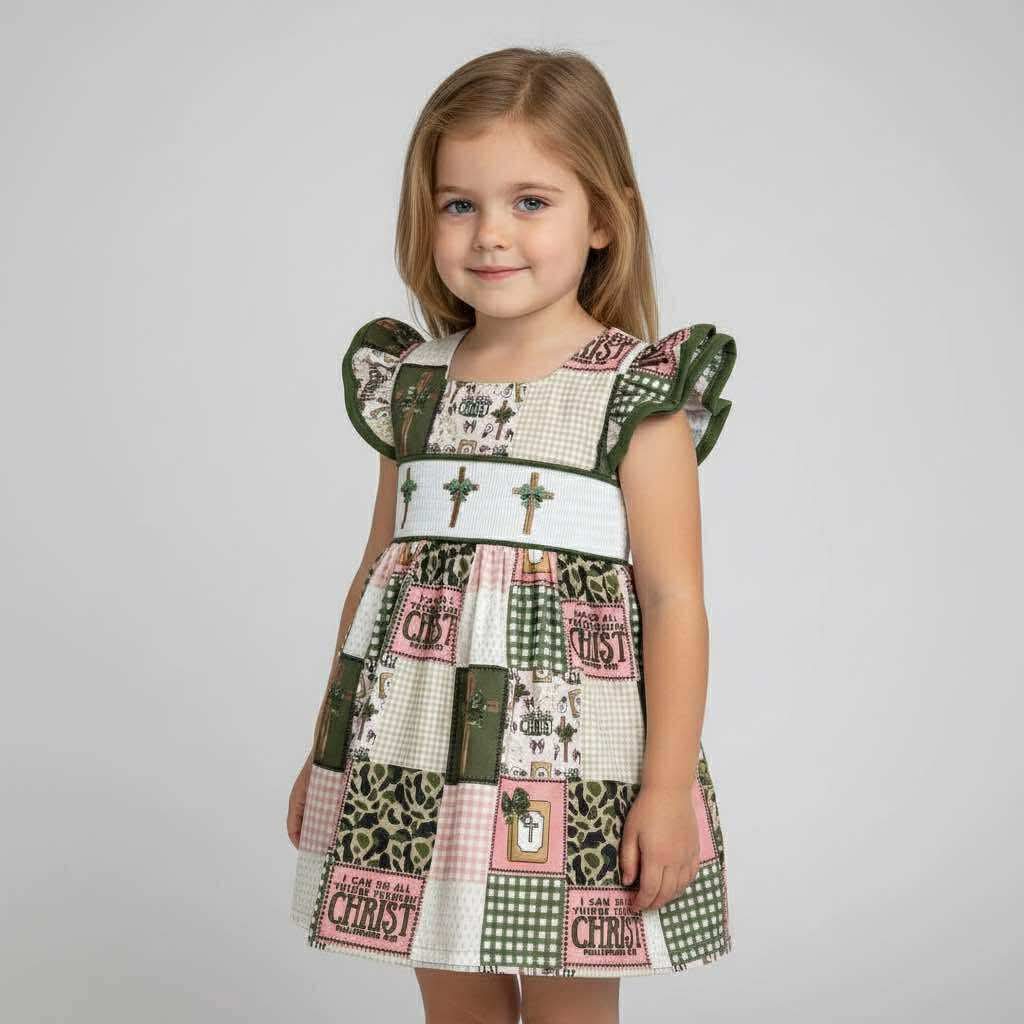 Smocked camo cross Dress - Two & Gathered