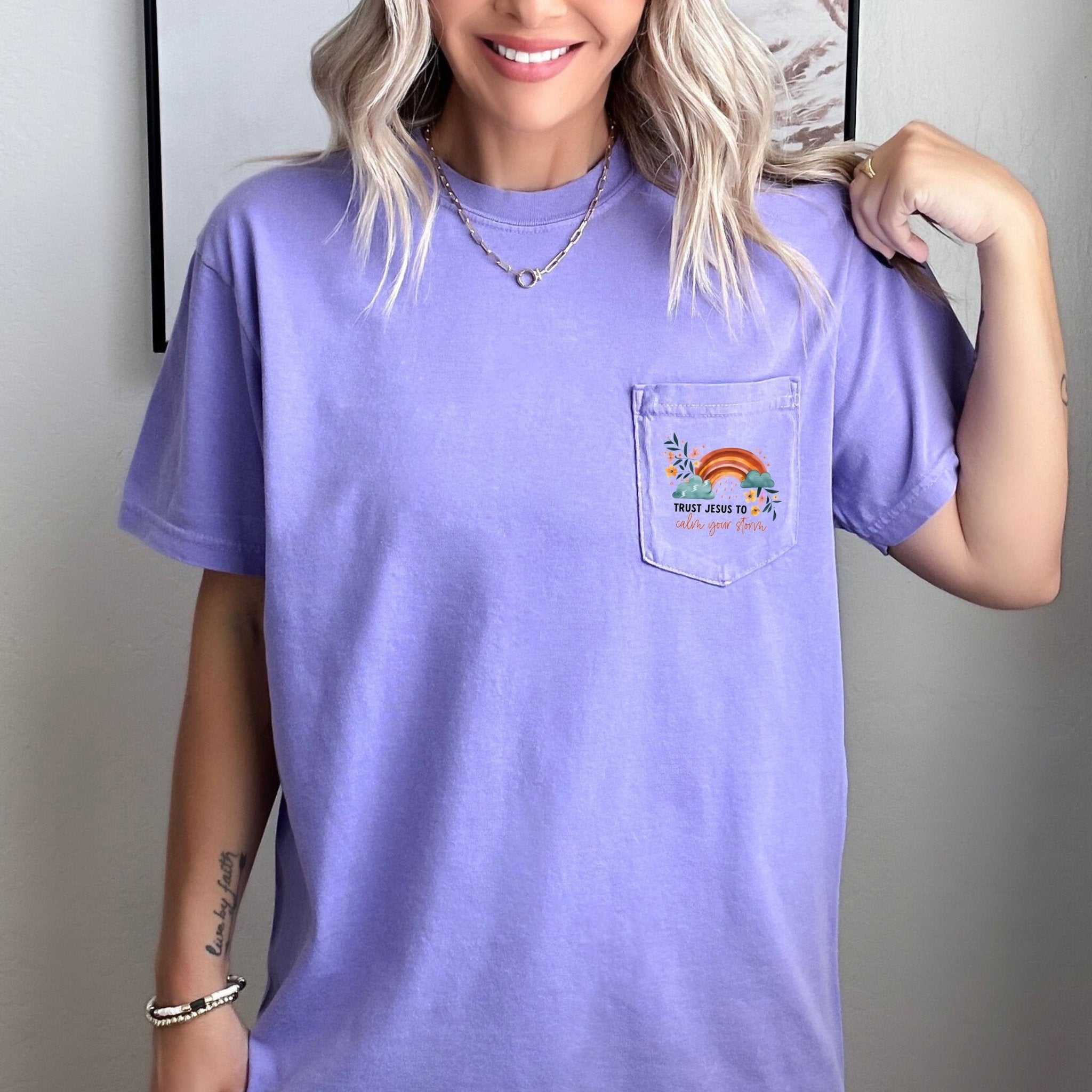 Trust Jesus to Calm your storm Comfort Colors Pocket T Shirt |Bible, Christian shirt - Two & Gathered