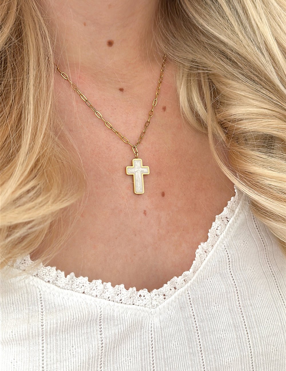 White Enamel Cross Necklace - Two & Gathered