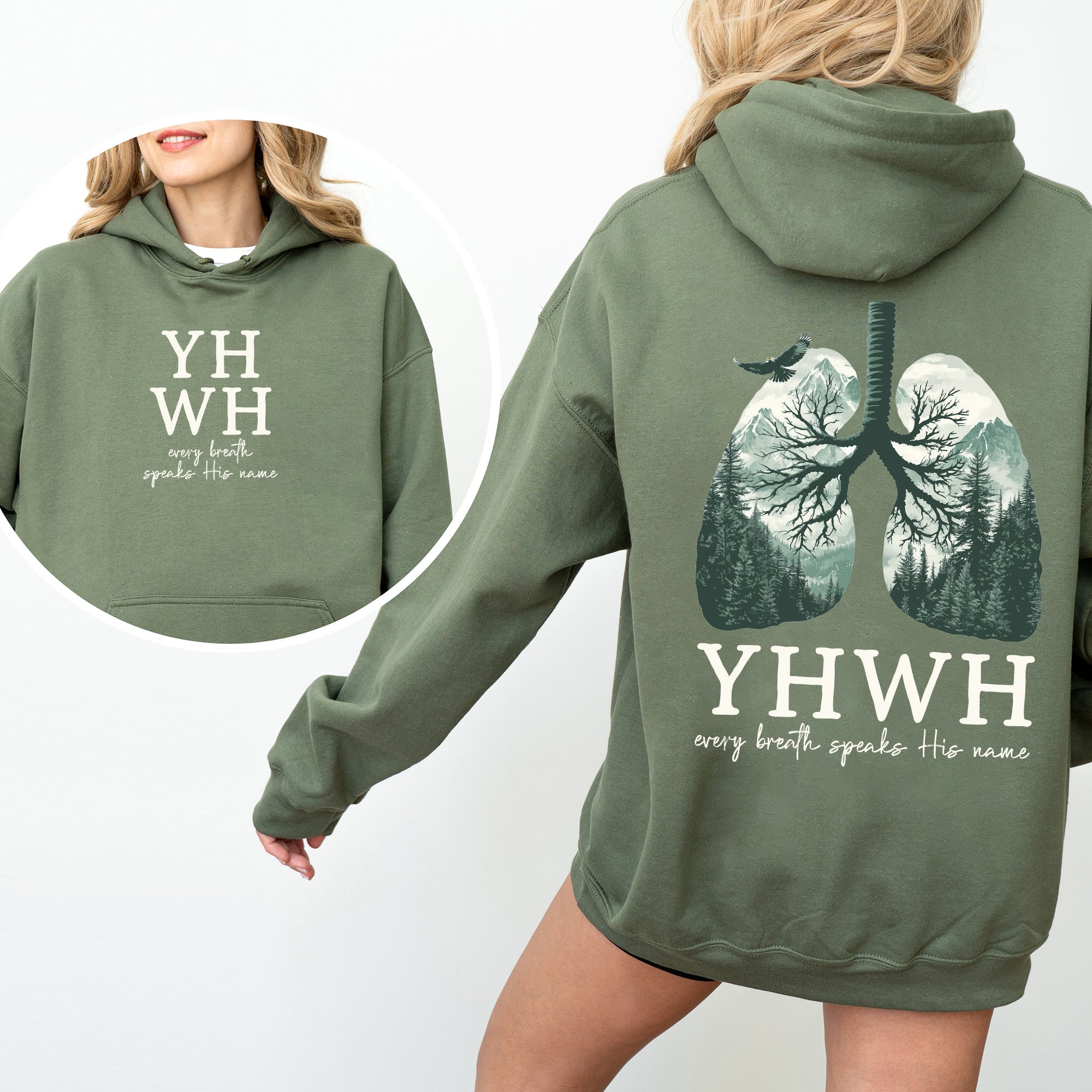 YHWH Lungs Christian, Front and Back, Every Breath Speak His Name, Hebrew, Name of God, Faith Apparel Hoodie, Hooded Sweatshirt - Two & Gathered