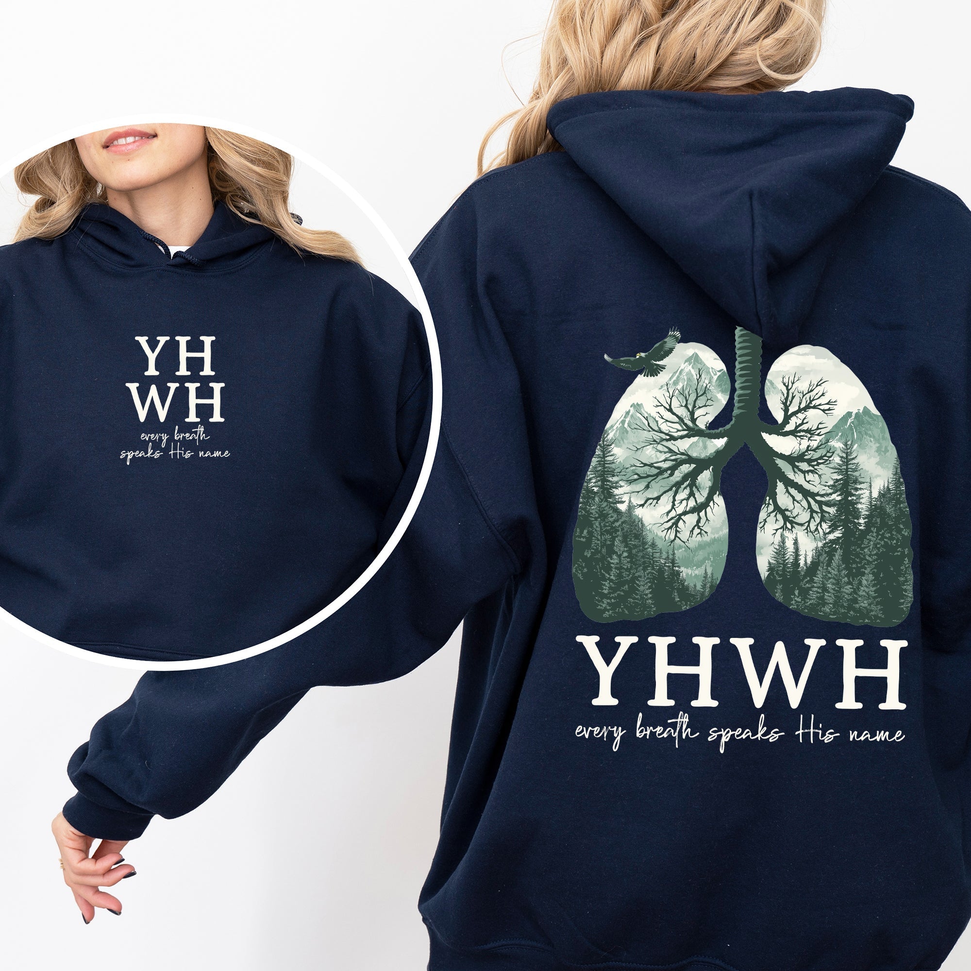 YHWH Lungs Christian, Front and Back, Every Breath Speak His Name, Hebrew, Name of God, Faith Apparel Hoodie, Hooded Sweatshirt - Two & Gathered