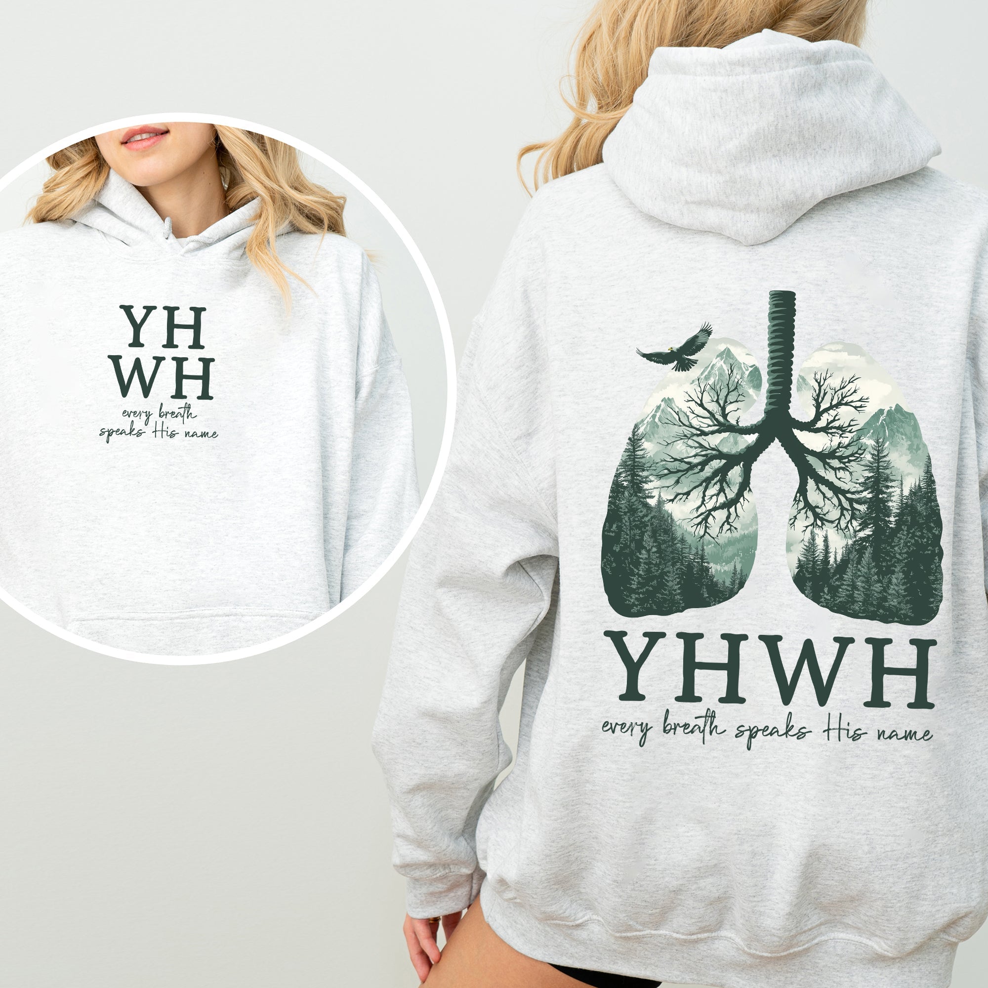 YHWH Lungs Christian, Front and Back, Every Breath Speak His Name, Hebrew, Name of God, Faith Apparel Hoodie, Hooded Sweatshirt - Two & Gathered