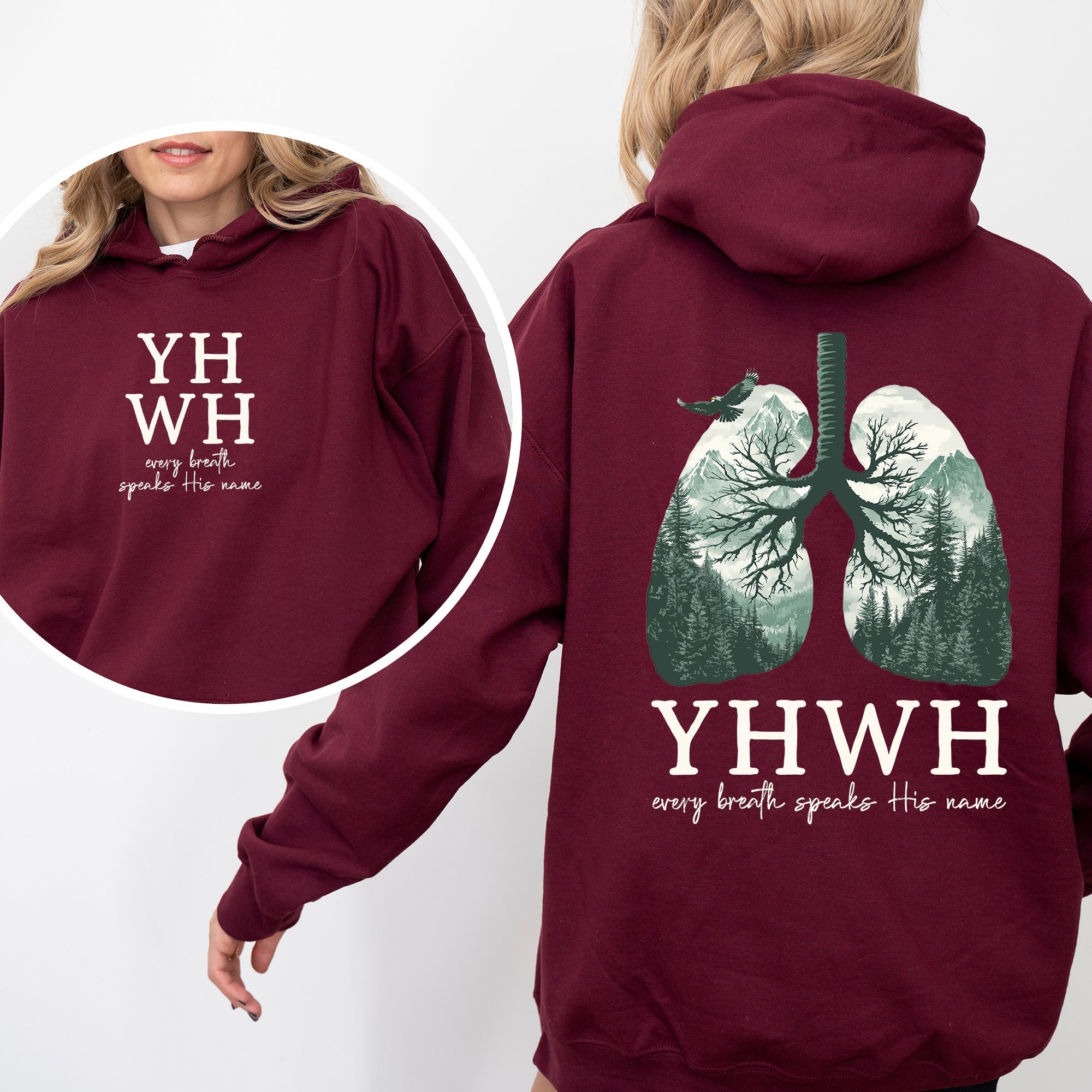 YHWH Lungs Christian, Front and Back, Every Breath Speak His Name, Hebrew, Name of God, Faith Apparel Hoodie, Hooded Sweatshirt - Two & Gathered
